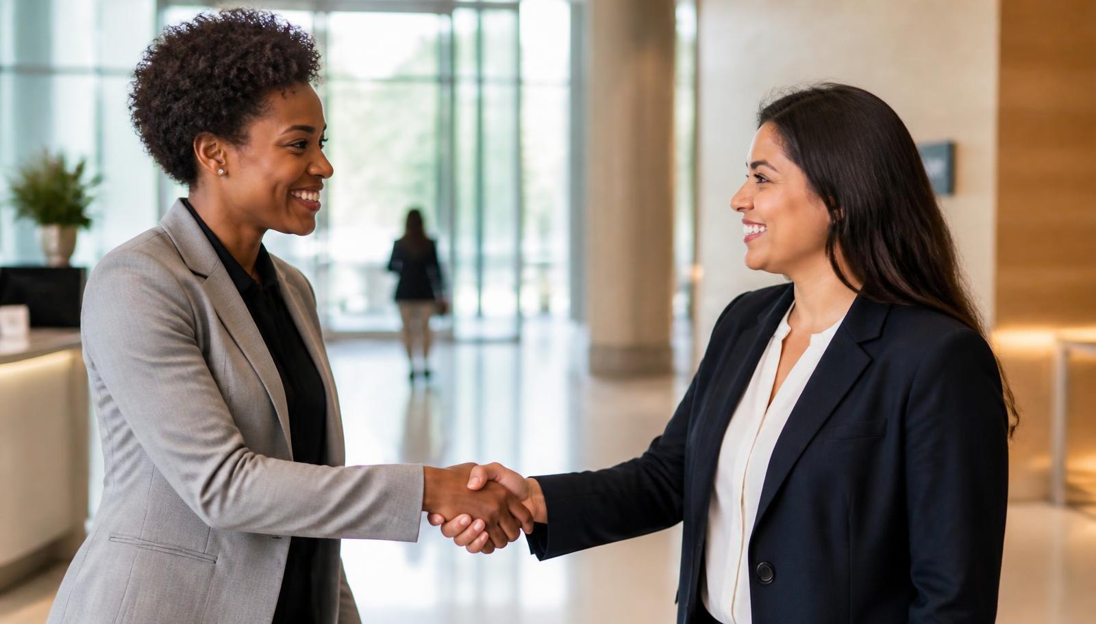 Two professionals shaking hands in an office lobby