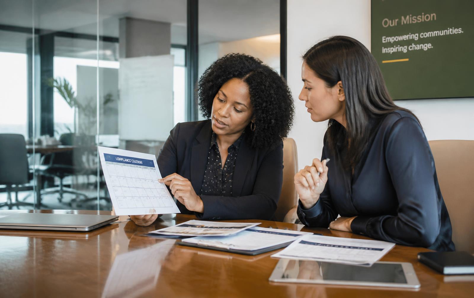 Two leaders reviewing a compliance reporting calendar together